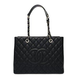 Authentic CHANEL GST Caviar Grand Shopping Tote Quilted Chain Shoulder Bag Purse